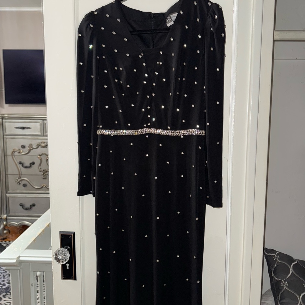 Mac Duggal Black Long Sleeve Dress with Rhinestone Details